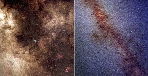سمت چپ: تصویر مشاهده شده از مرکز کهکشانی با نور مرئی سمت راست: تصویر مشاهده شده از مرکز کهکشانی با مادون قرمز نزدیک 
