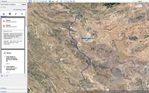 نزدیکترین مسیر بین تهران و اصفهان که توسط نرمافزار Google Earth مشخص شده است